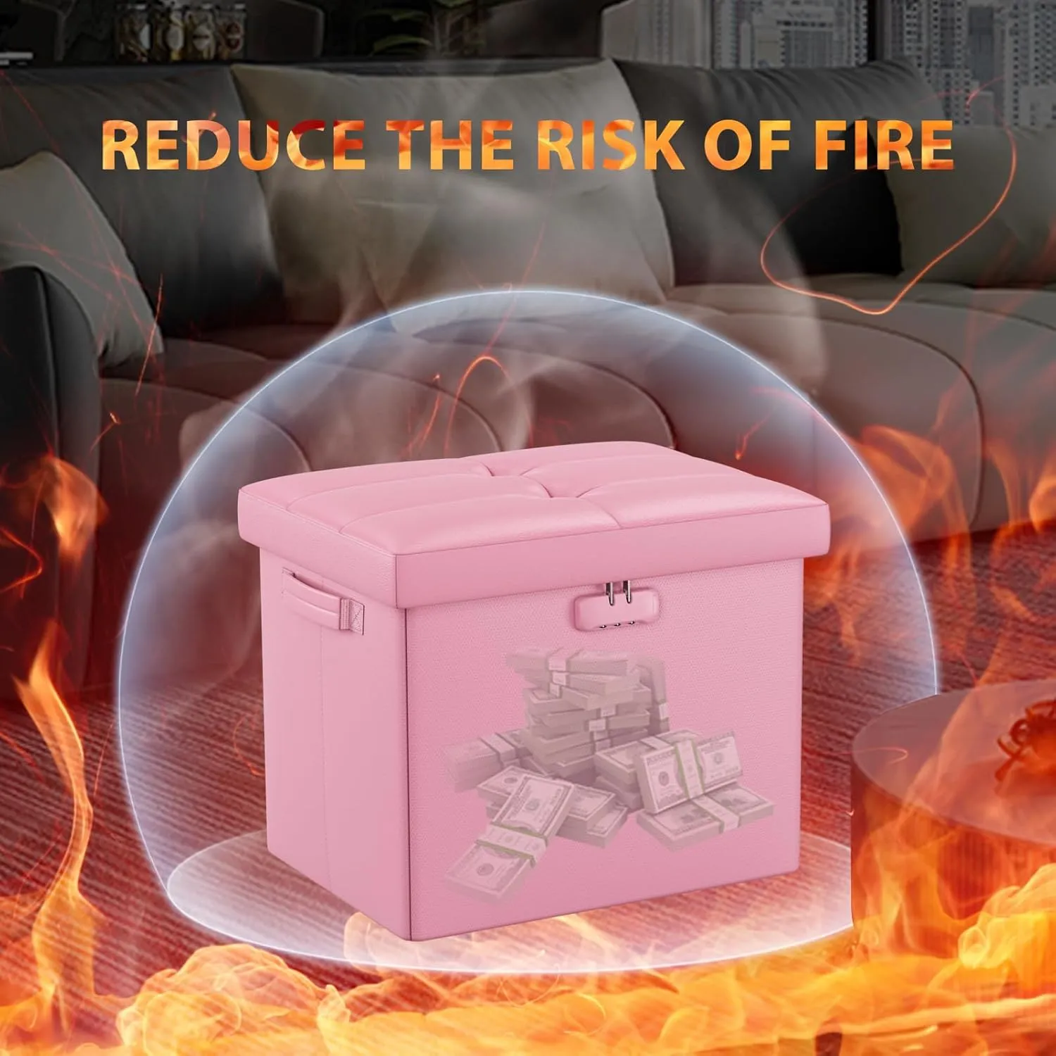 DocSafe Storage Ottoman Foot Rest Stool with Lock ＆ Handles, Fireproof Folding Leather Footstool Bench with Storage Safe for Living Room Bedroom, Home Office, Dorm, 17x13x13in, Pink
