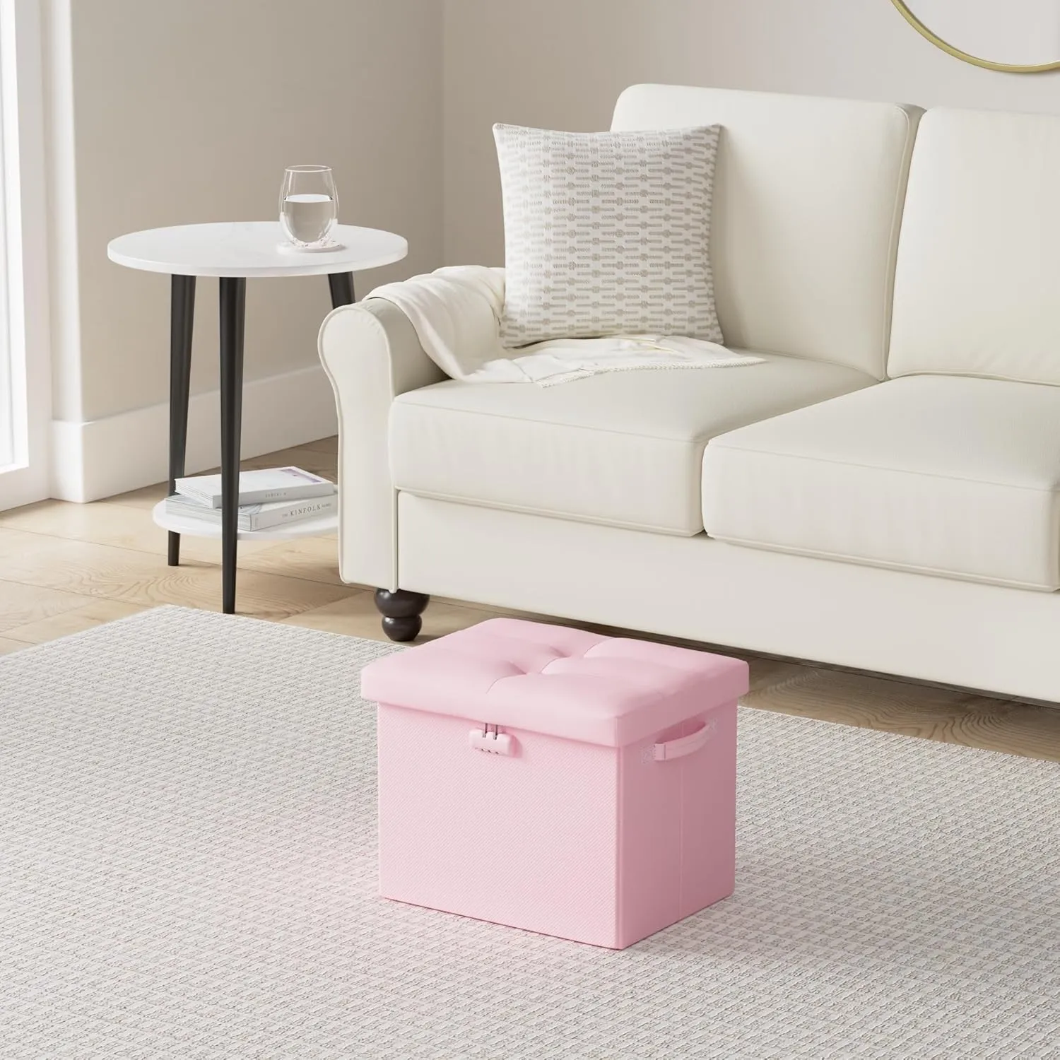 DocSafe Storage Ottoman Foot Rest Stool with Lock ＆ Handles, Fireproof Folding Leather Footstool Bench with Storage Safe for Living Room Bedroom, Home Office, Dorm, 17x13x13in, Pink