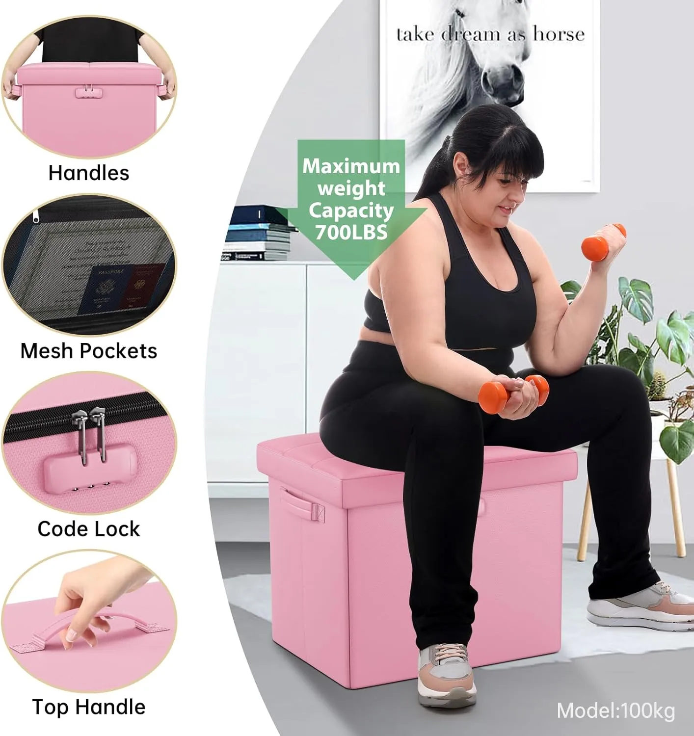 DocSafe Storage Ottoman Foot Rest Stool with Lock ＆ Handles, Fireproof Folding Leather Footstool Bench with Storage Safe for Living Room Bedroom, Home Office, Dorm, 17x13x13in, Pink