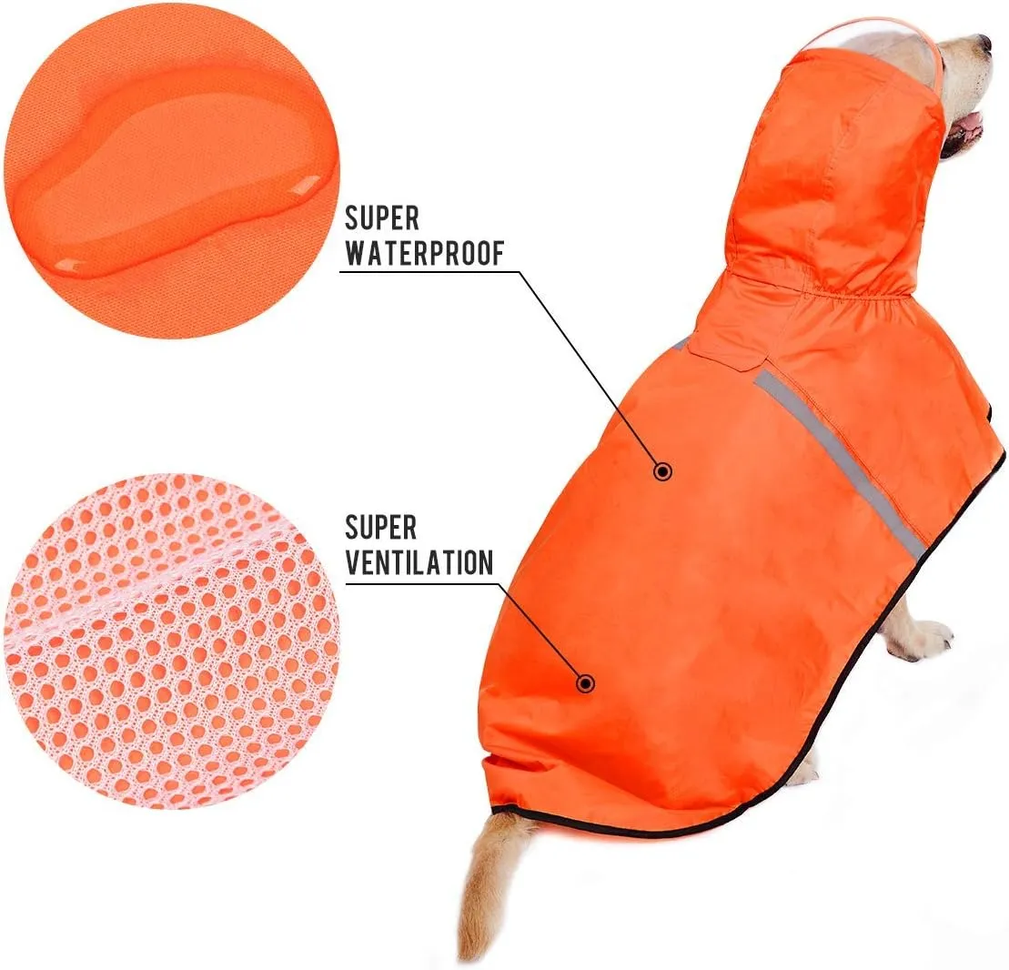 Dog Raincoat with Adjustable Belly Strap and Leash Hole - Hoodie with Reflective Strip - Waterproof Slicker Lightweight Breathable Rain Poncho Jacket for Medium Large Dogs - Easy to Wear, Orange 4XL