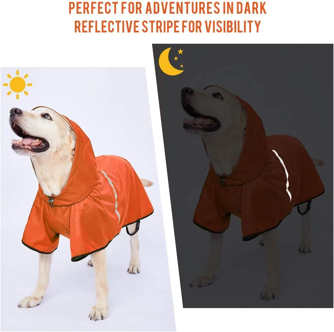 Dog Raincoat with Adjustable Belly Strap and Leash Hole - Hoodie with Reflective Strip - Waterproof Slicker Lightweight Breathable Rain Poncho Jacket for Medium Large Dogs - Easy to Wear, Orange 4XL