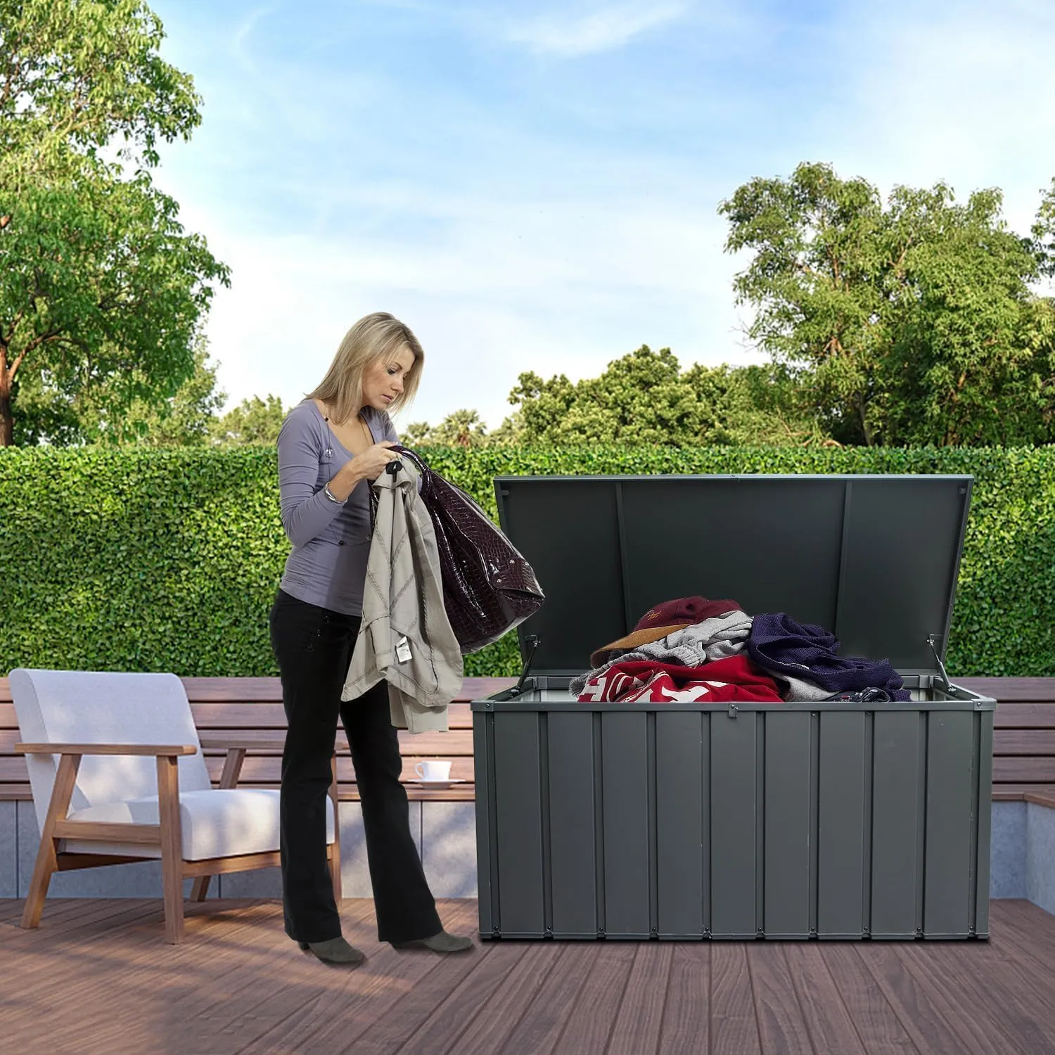 Domi Deck Box 160 Gallon, Waterproof Lockable Steel Outdoor Storage Container for Outside Cushions, Garden Tools and Pools Equipment, Gray
