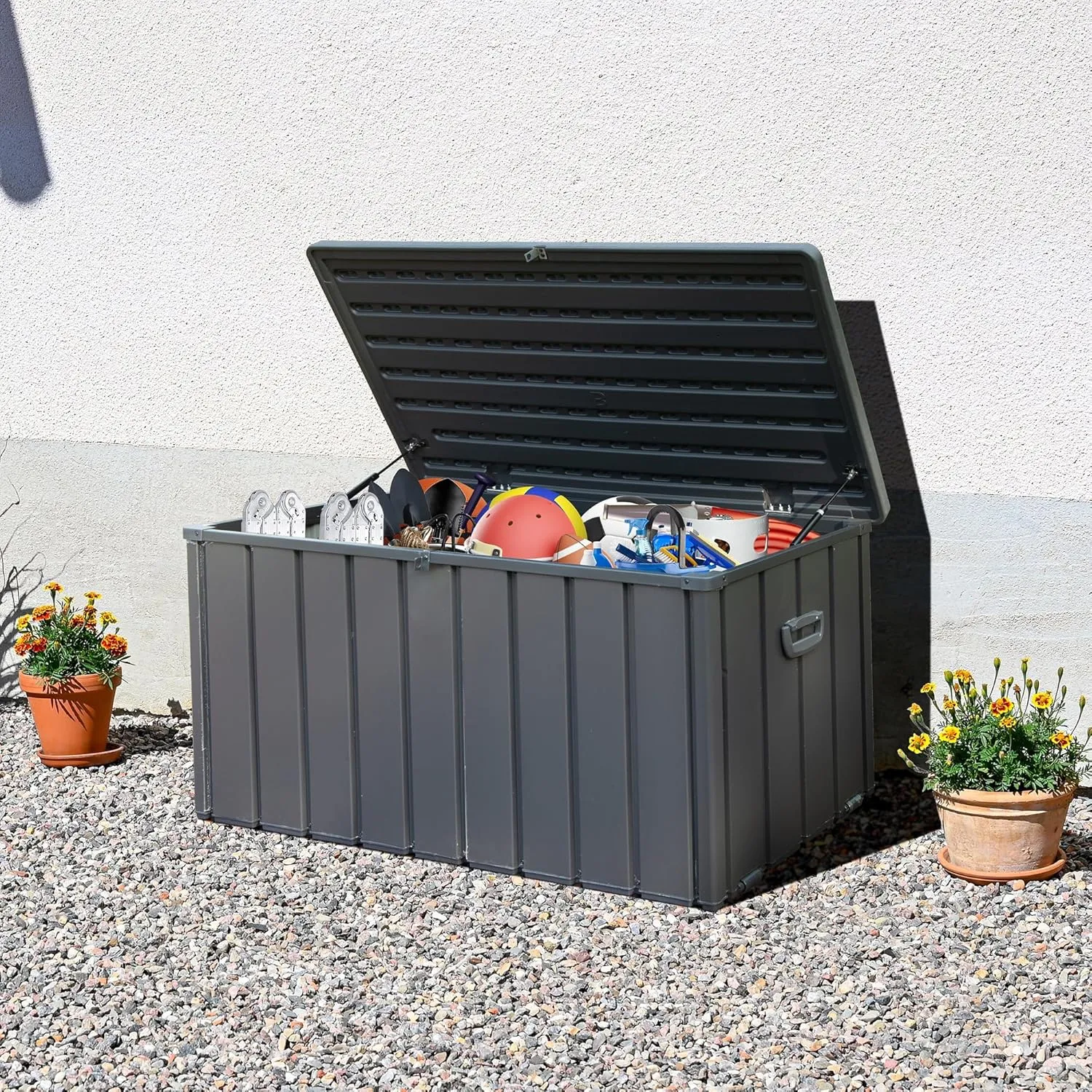 Domi Outdoor Deck Box 100 Gallon, Waterproof Lockable Steel Outdoor Storage Container for Outside Cushions, Garden Tools and Pools Equipment, Gray