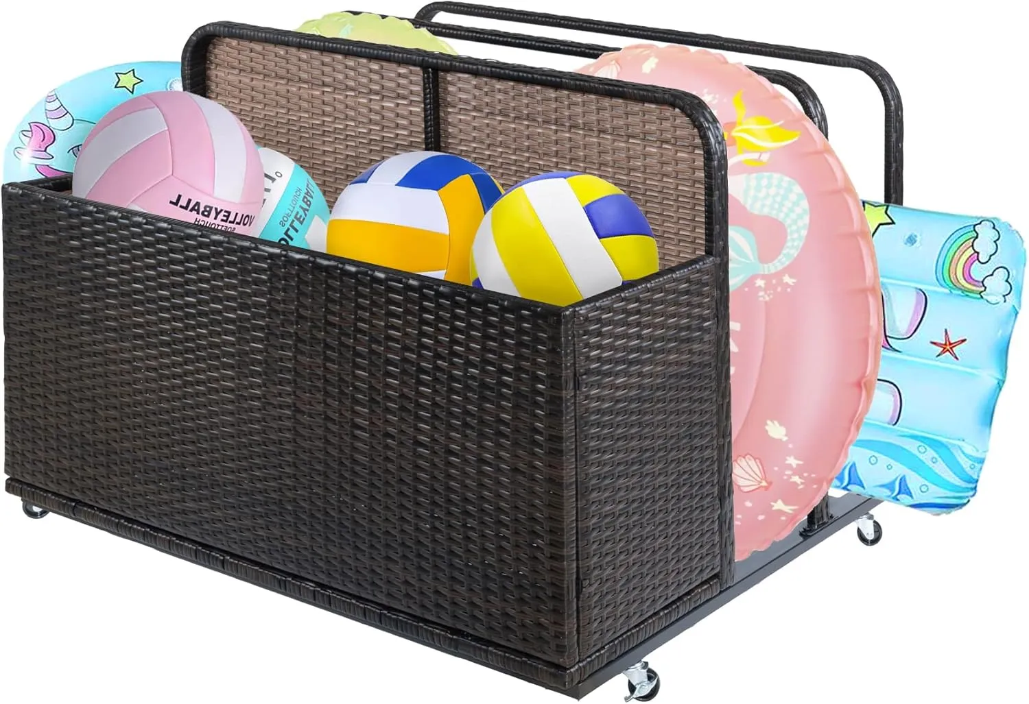 Double Layer Pool Float Storage Organizer, Waterproof Float Storage Box for Garden, Backyard and Patio, PE Rattan Patio Deck Box Indoor for Pillows, Cushion, Toys, Brown