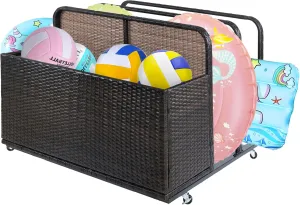 Double Layer Pool Float Storage Organizer, Waterproof Float Storage Box for Garden, Backyard and Patio, PE Rattan Patio Deck Box Indoor for Pillows, Cushion, Toys, Brown