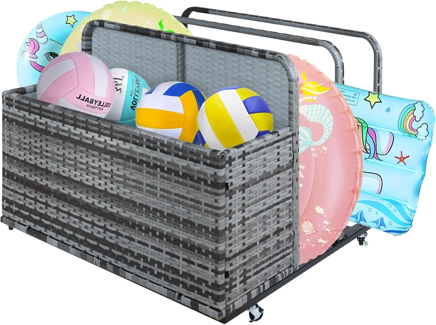 Double Layer Pool Float Storage Organizer, Waterproof Float Storage Box for Garden, Backyard and Patio, PE Rattan Patio Deck Box Indoor for Pillows, Cushion, Toys, Grey