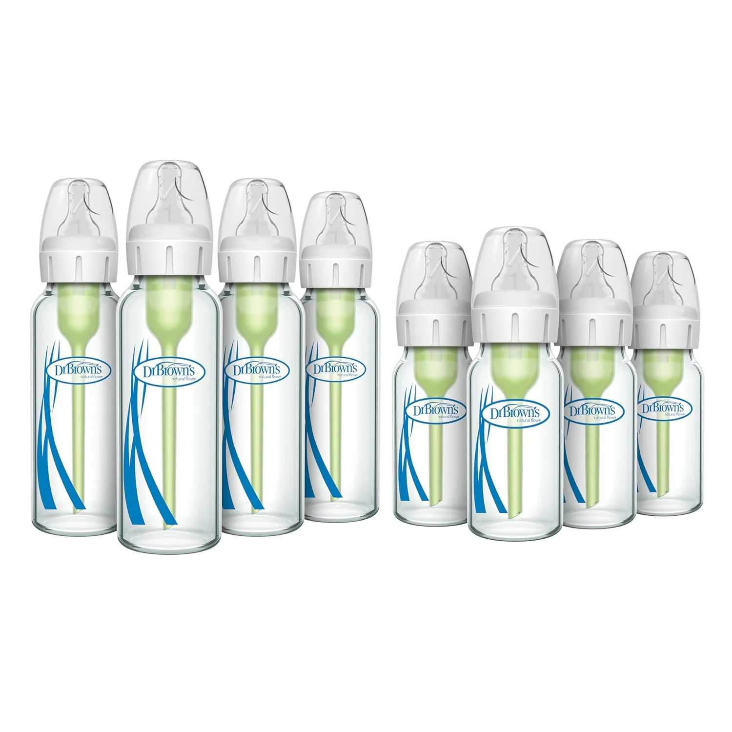 Dr. Brown’s Anti-Colic Narrow Glass Baby Bottles 8 oz 4-Pack   4 oz 4-Pack with Level 1 Slow Flow Nipples Bundle, BPA Free, 0m , Clinically Proven to Reduce Colic and Aid Digestion
