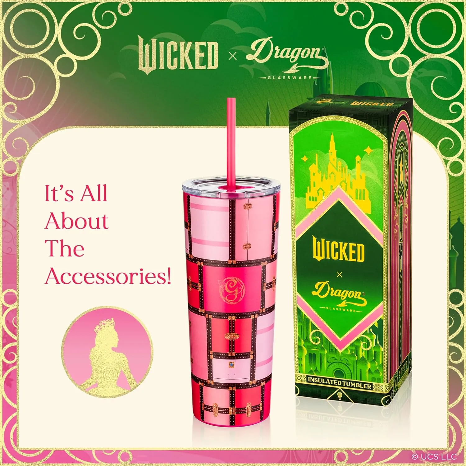 Dragon Glassware x WICKED Vacuum Insulated Tumbler with Lid and Straw - 24 oz Tumbler Cup with 2 Straws - Stainless Steel Tumbler with Straw for Water, Iced Tea - Wicked Glinda Tumbler
