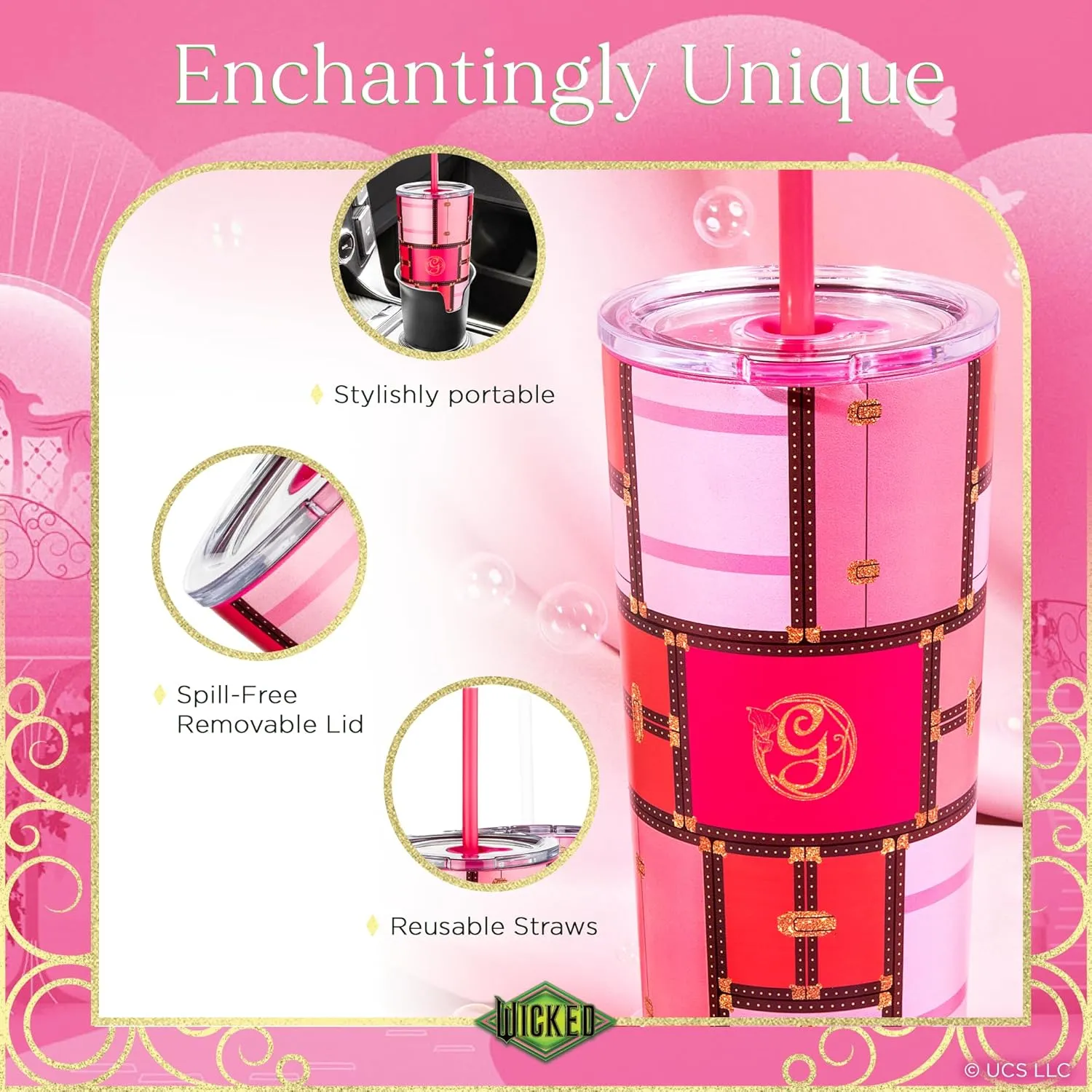 Dragon Glassware x WICKED Vacuum Insulated Tumbler with Lid and Straw - 24 oz Tumbler Cup with 2 Straws - Stainless Steel Tumbler with Straw for Water, Iced Tea - Wicked Glinda Tumbler