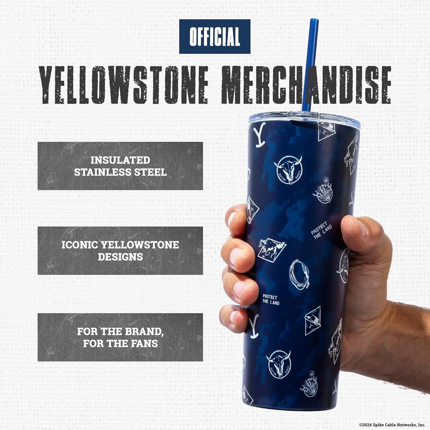 Dragon Glassware x Yellowstone Vacuum Insulated Tumbler with Lid and Straw - 24 oz Tumbler Cup with 2 Straws - Stainless Steel Tumbler with Straw for Water, Iced Tea - Blue