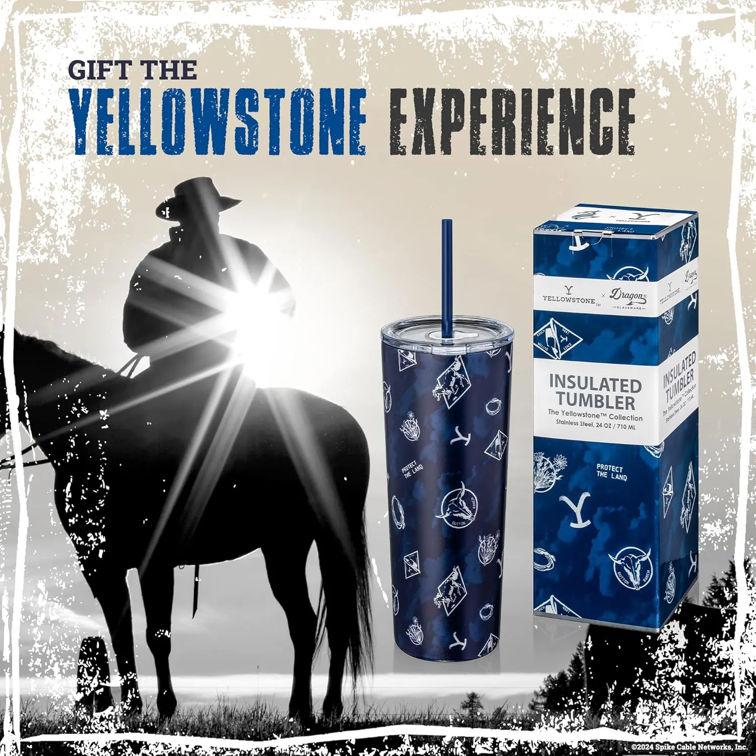 Dragon Glassware x Yellowstone Vacuum Insulated Tumbler with Lid and Straw - 24 oz Tumbler Cup with 2 Straws - Stainless Steel Tumbler with Straw for Water, Iced Tea - Blue