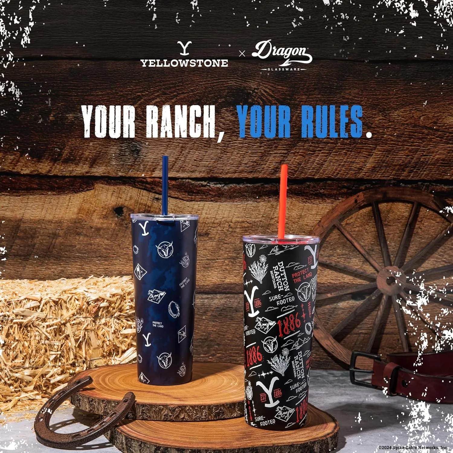 Dragon Glassware x Yellowstone Vacuum Insulated Tumbler with Lid and Straw - 24 oz Tumbler Cup with 2 Straws - Stainless Steel Tumbler with Straw for Water, Iced Tea - Blue