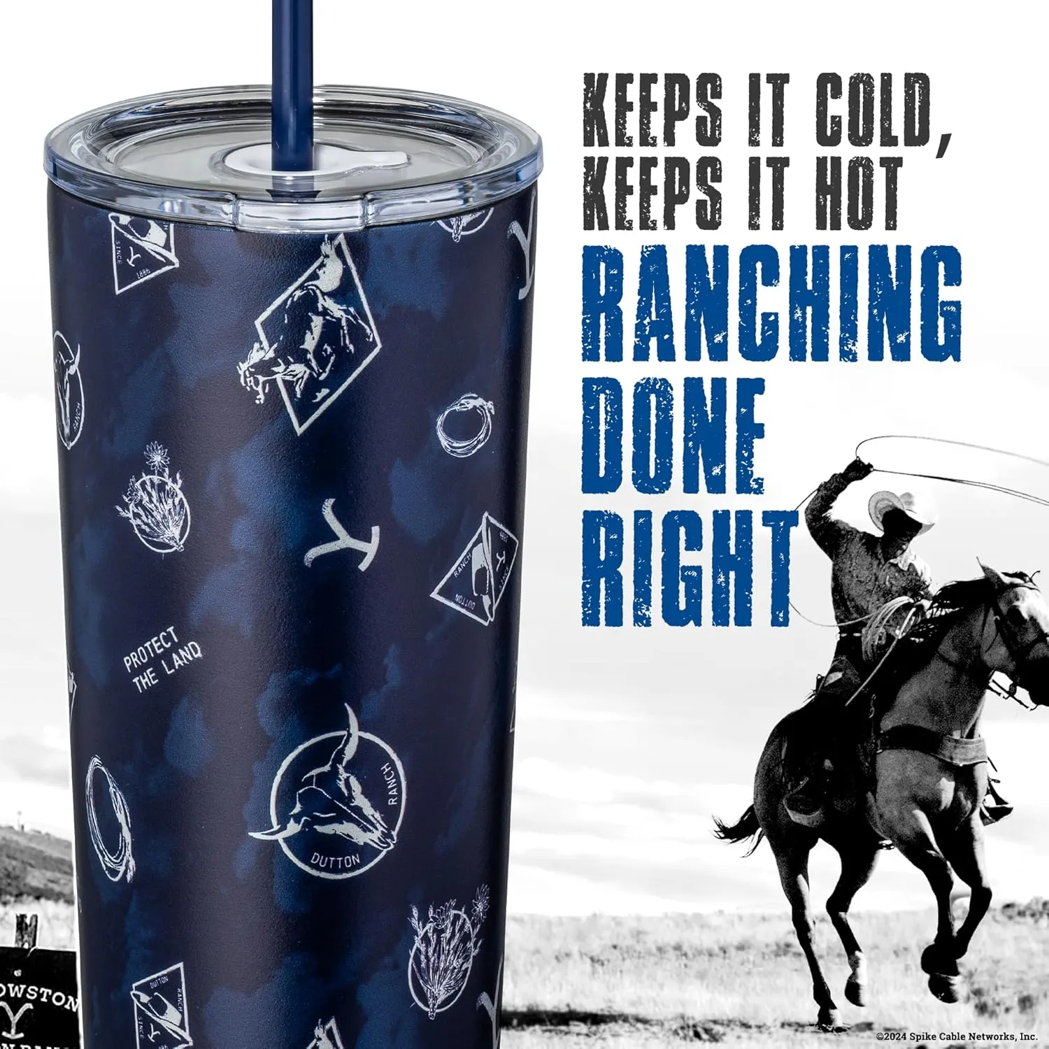 Dragon Glassware x Yellowstone Vacuum Insulated Tumbler with Lid and Straw - 24 oz Tumbler Cup with 2 Straws - Stainless Steel Tumbler with Straw for Water, Iced Tea - Blue