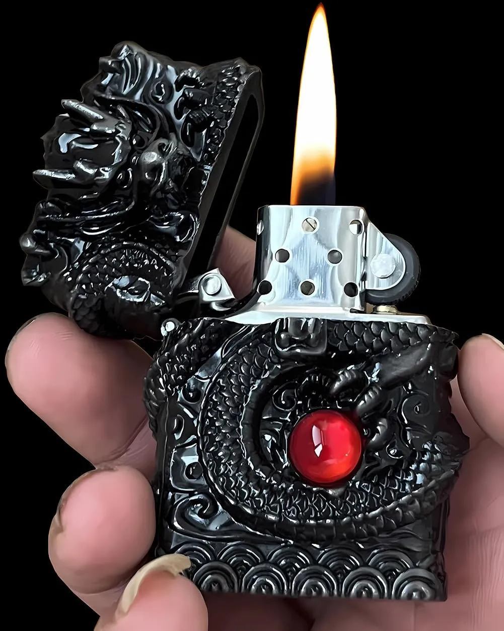 Dragon Lighter Premium Kerosene Soft Flame Lighter with Adjustable Flame, Refillable, Windproof and Pocket Size for Outdoor Camping, Travel, and Household Use (Black)