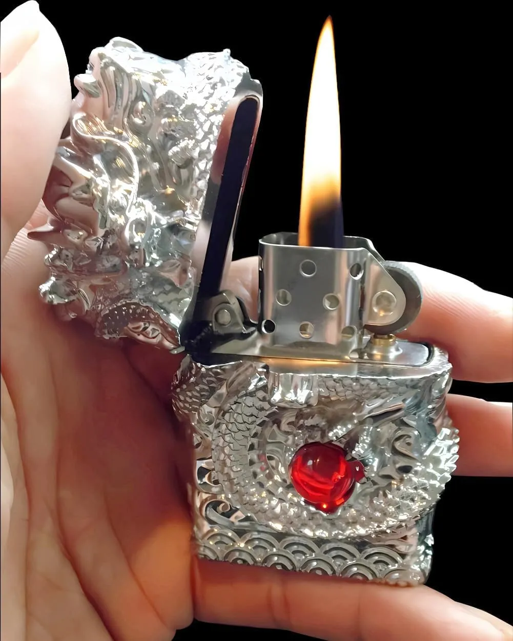 Dragon Lighter Premium Kerosene Soft Flame Lighter with Adjustable Flame, Refillable, Windproof and Pocket Size for Outdoor Camping, Travel, and Household Use (Silver)