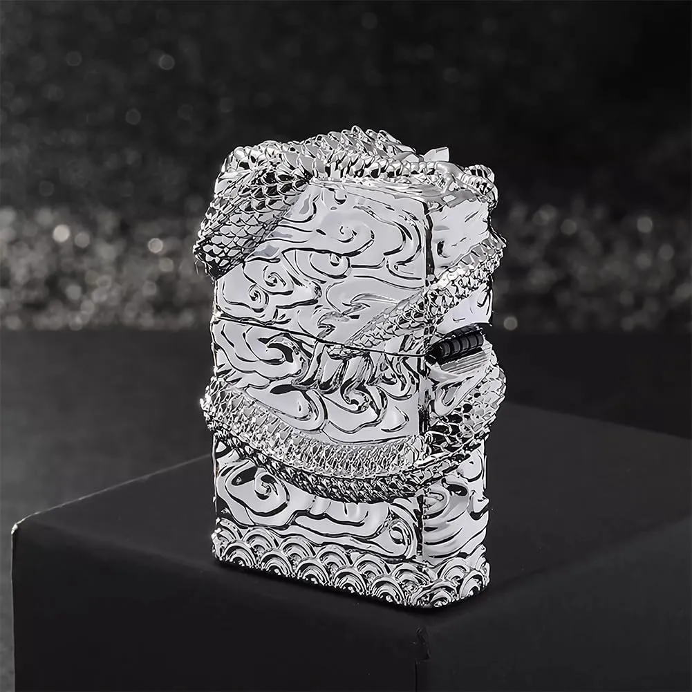 Dragon Lighter Premium Kerosene Soft Flame Lighter with Adjustable Flame, Refillable, Windproof and Pocket Size for Outdoor Camping, Travel, and Household Use (Silver)