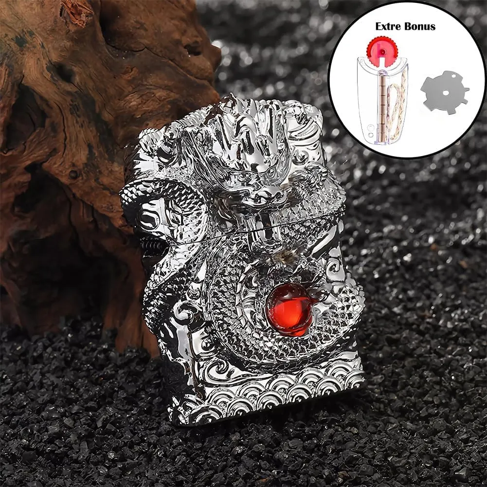 Dragon Lighter Premium Kerosene Soft Flame Lighter with Adjustable Flame, Refillable, Windproof and Pocket Size for Outdoor Camping, Travel, and Household Use (Silver)