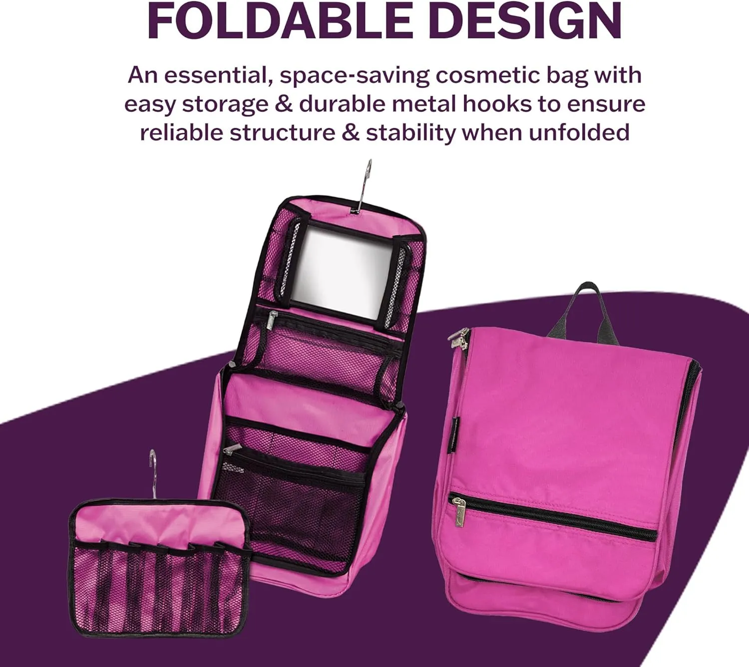 Dream Duffel Hanging Cosmetic Case for Women & Kids, Travel Toiletry Bag with Pockets & Mirror, Holds Dance Competition Essentials, 9”x10”, Purple