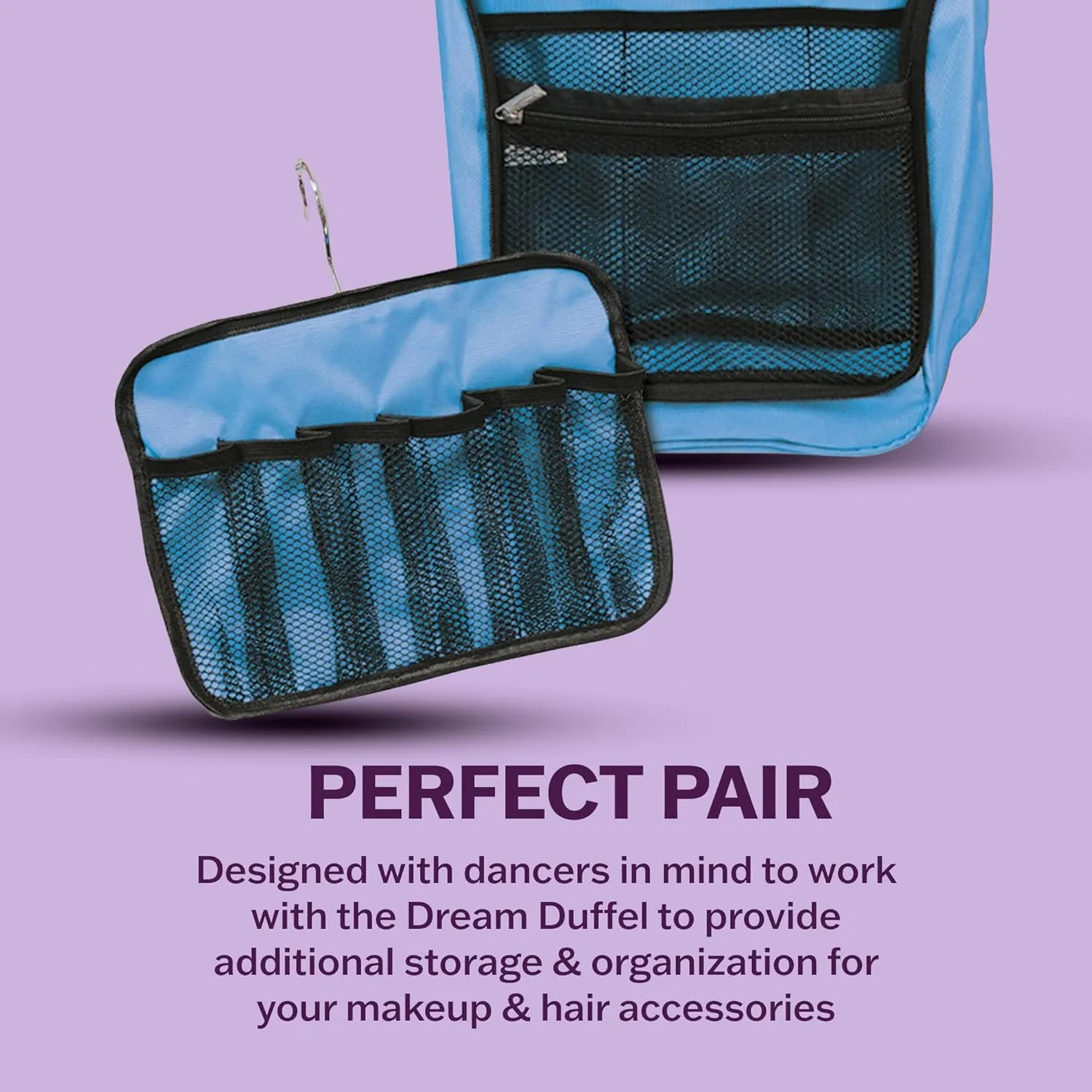 Dream Duffel Hanging Cosmetic Case for Women & Kids, Travel Toiletry Bag with Pockets & Mirror, Holds Dance Competition Essentials, 9”x10”, Purple