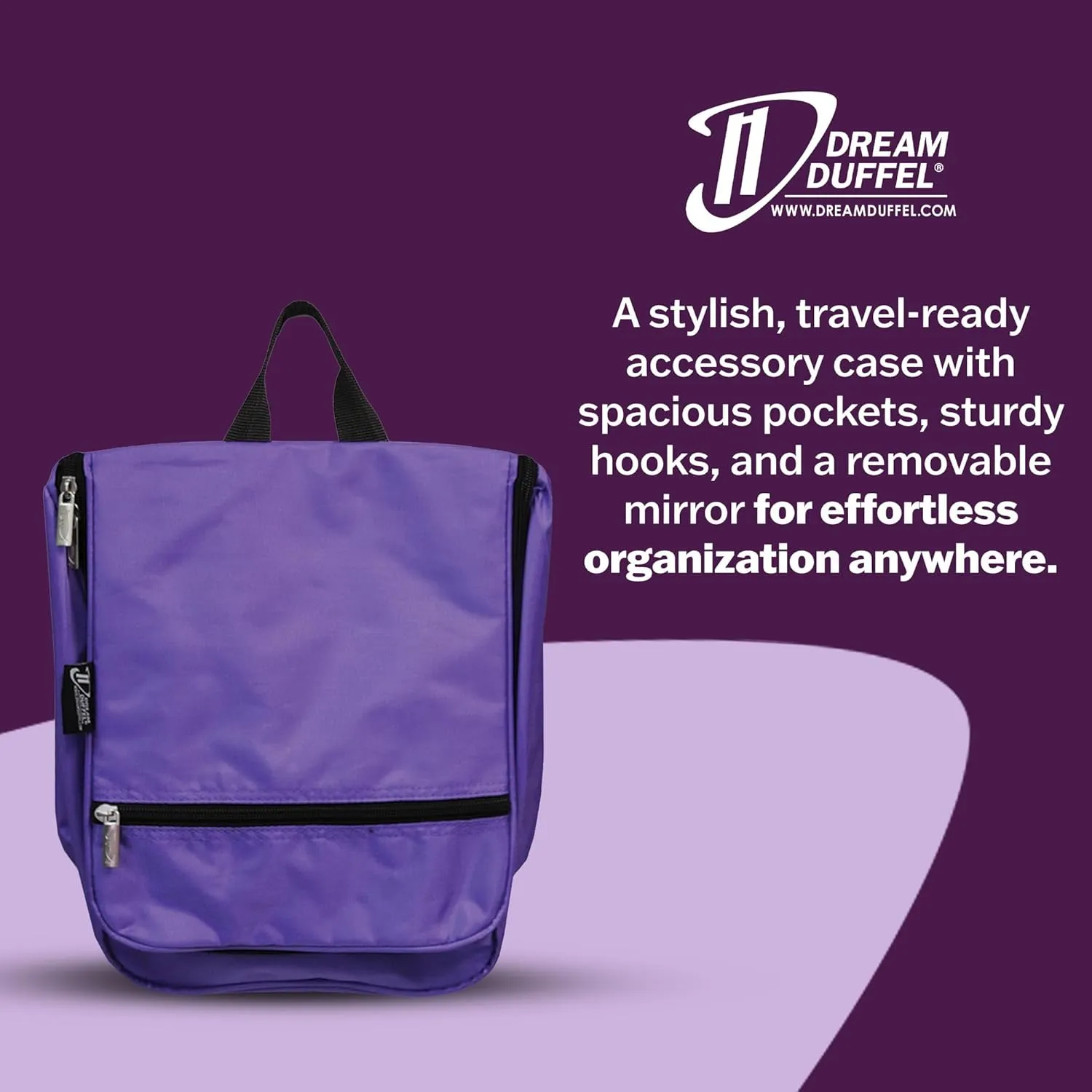 Dream Duffel Hanging Cosmetic Case for Women & Kids, Travel Toiletry Bag with Pockets & Mirror, Holds Dance Competition Essentials, 9”x10”, Purple