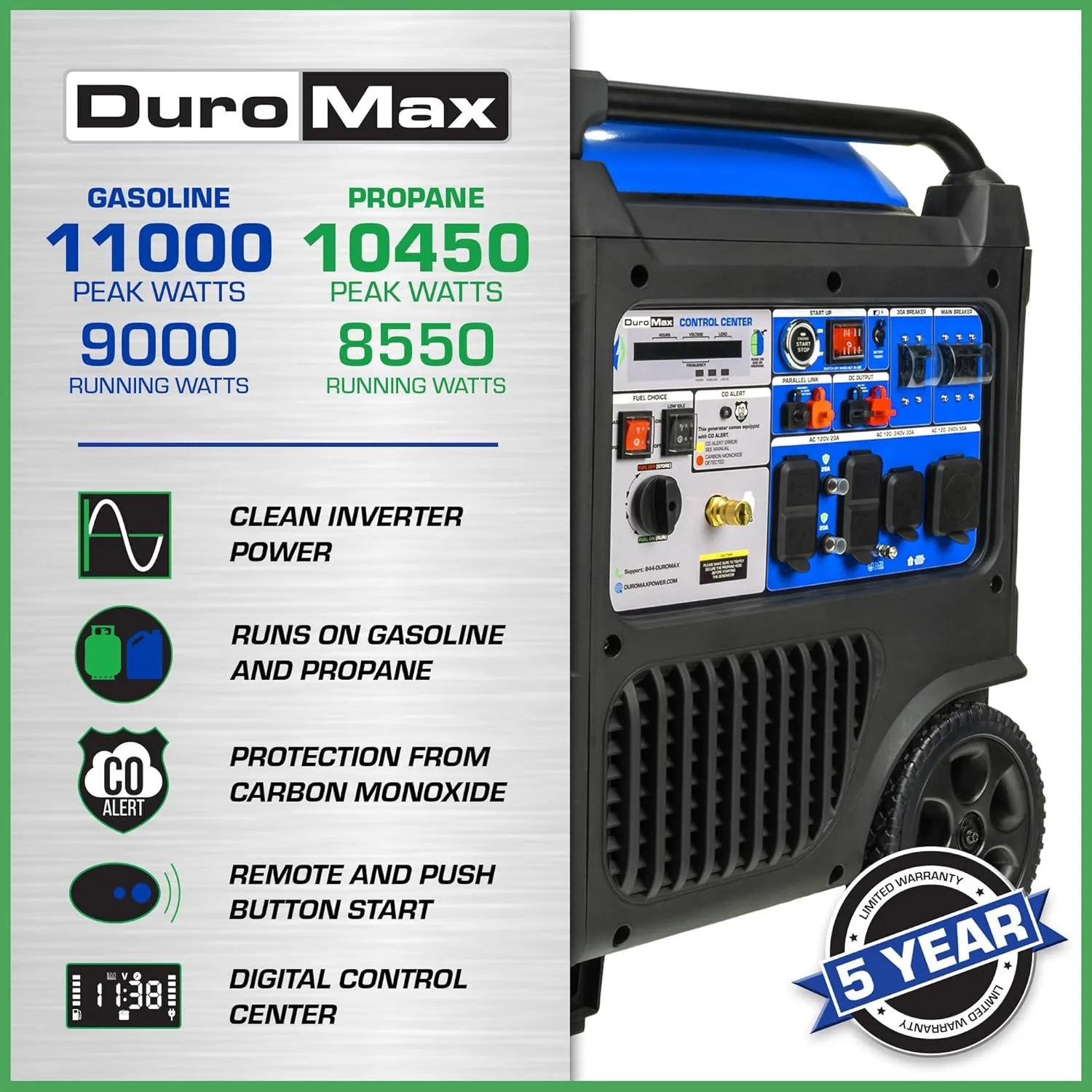 DuroMax XP11000iH 11,000-Watt Dual Fuel Portable Digital Inverter Generator - Gas & Propane, Remote Electric Start, Transfer Switch Ready, RV & Emergency Ready