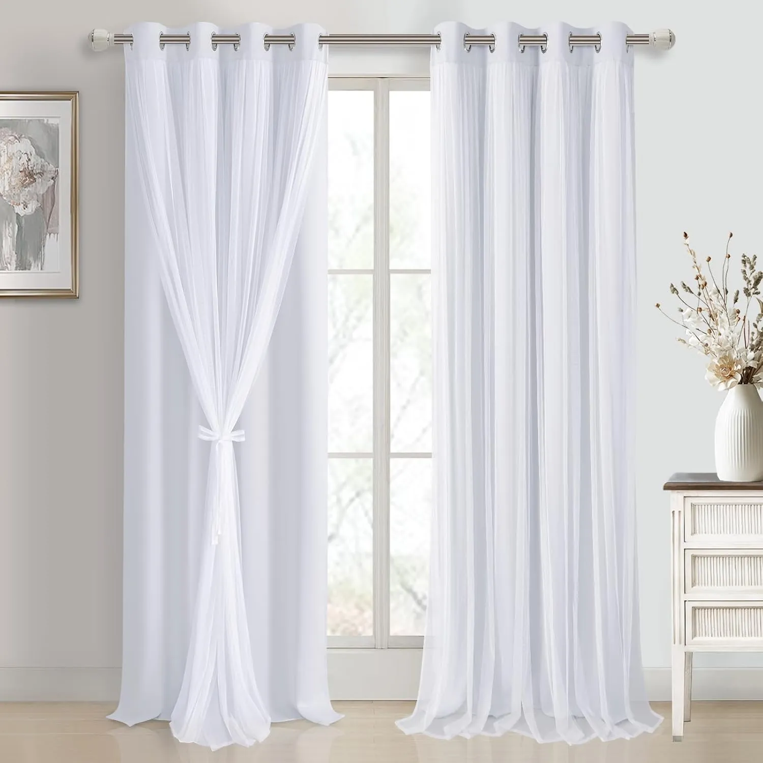 DWCN White Blackout Curtains with Sheer Overlay Thermal Insulated Mix & Match Double Layer Window Panels for Bedroom Living Room Drape Sewn with Tiebacks Grommet Top 52" Wx96 Lx2