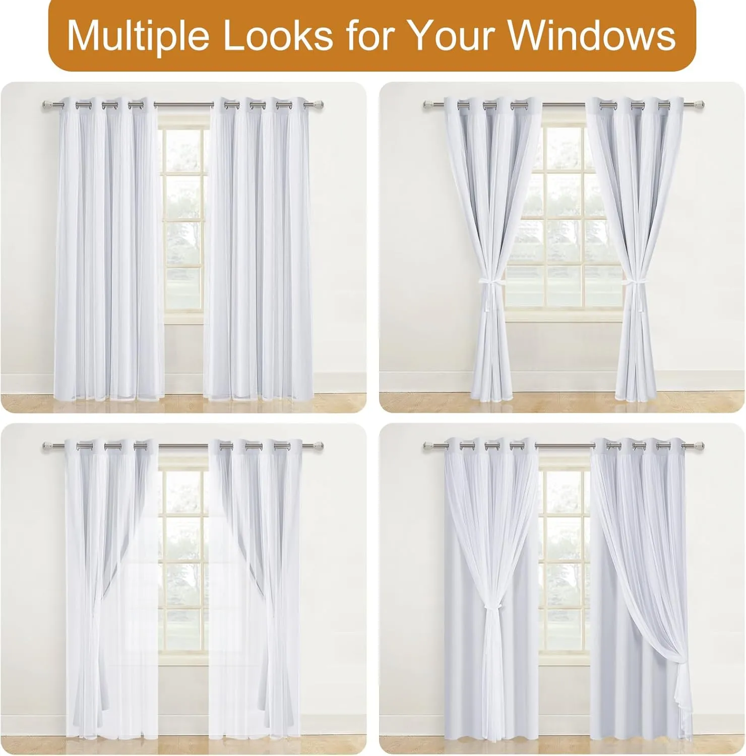 DWCN White Blackout Curtains with Sheer Overlay Thermal Insulated Mix & Match Double Layer Window Panels for Bedroom Living Room Drape Sewn with Tiebacks Grommet Top 52" Wx96 Lx2