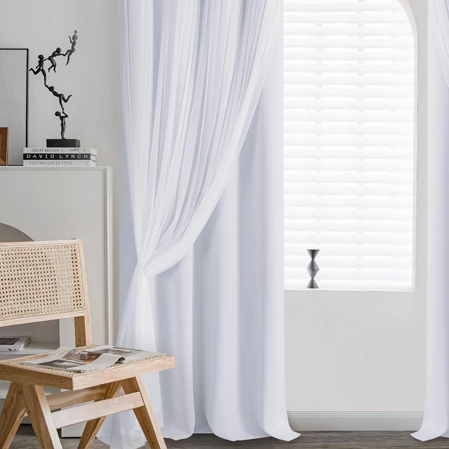 DWCN White Blackout Curtains with Sheer Overlay Thermal Insulated Mix & Match Double Layer Window Panels for Bedroom Living Room Drape Sewn with Tiebacks Grommet Top 52" Wx96 Lx2