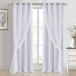 DWCN White Blackout Curtains with Sheer Overlay Thermal Insulated Mix & Match Double Layer Window Panels for Bedroom Living Room Drape Sewn with Tiebacks Grommet Top 52" Wx96 Lx2