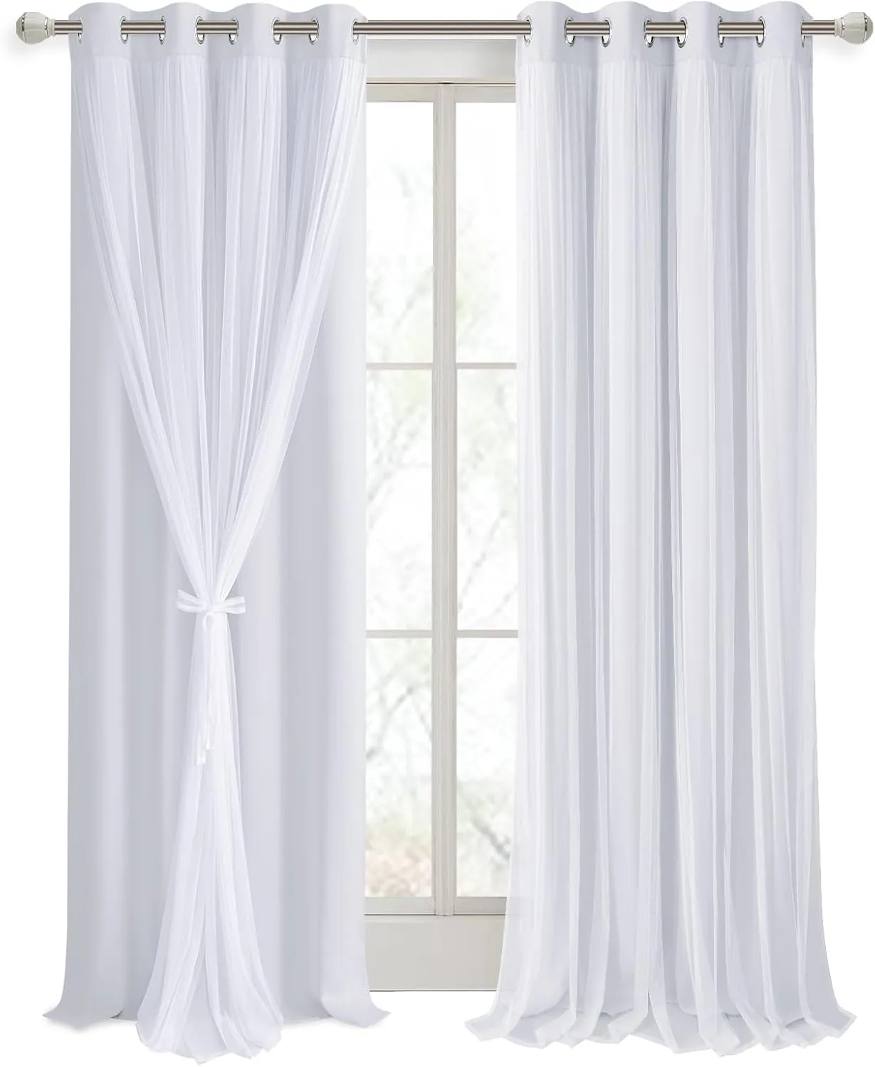 DWCN White Blackout Curtains with Sheer Overlay Thermal Insulated Mix & Match Double Layer Window Panels for Bedroom Living Room Drape Sewn with Tiebacks Grommet Top 52" Wx96 Lx2