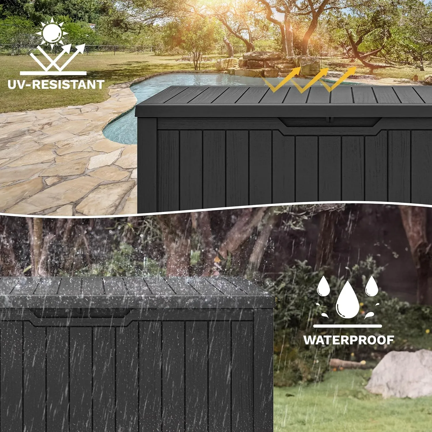 DWVO 120 Gallon Large Deck Box, Outdoor Lockable Storage Bin for Gardening Tools, Patio Cushions, Waterproof and UV Resistant Resin (Black)