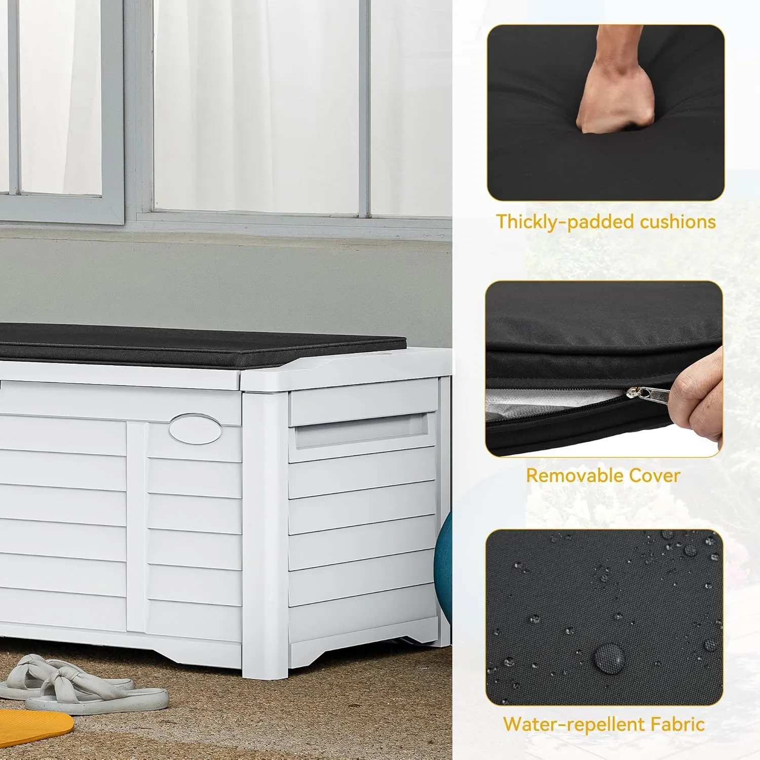 DWVO 120 Gallon Outdoor Louver Storage Deck Box w/Seating Cushion, Large Storage Box for Outdoor Pillows, Garden Tools and Pool Supplies, Resin, Waterproof, Lockable (White)