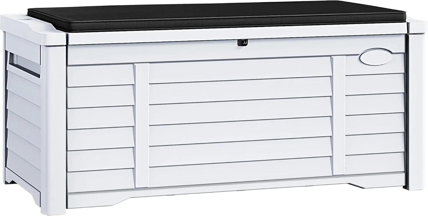 DWVO 120 Gallon Outdoor Louver Storage Deck Box w/Seating Cushion, Large Storage Box for Outdoor Pillows, Garden Tools and Pool Supplies, Resin, Waterproof, Lockable (White)