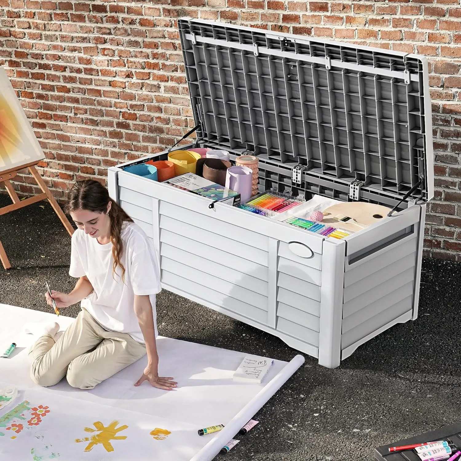 DWVO 120 Gallon Outdoor Louver Storage Deck Box w/Seating Cushion, Large Storage Box for Outdoor Pillows, Garden Tools and Pool Supplies, Resin, Waterproof, Lockable (White)