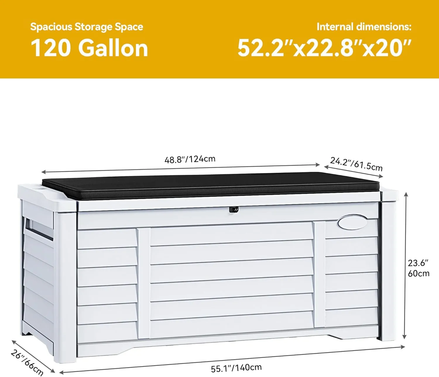 DWVO 120 Gallon Outdoor Louver Storage Deck Box w/Seating Cushion, Large Storage Box for Outdoor Pillows, Garden Tools and Pool Supplies, Resin, Waterproof, Lockable (White)