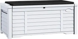DWVO 120 Gallon Outdoor Louver Storage Deck Box w/Seating Cushion, Large Storage Box for Outdoor Pillows, Garden Tools and Pool Supplies, Resin, Waterproof, Lockable (White)