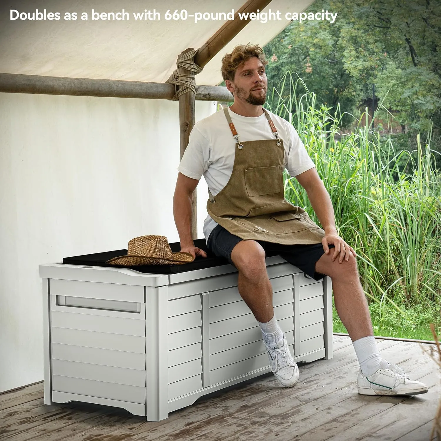 DWVO 120 Gallon Outdoor Louver Storage Deck Box w/Seating Cushion, Large Storage Box for Outdoor Pillows, Garden Tools and Pool Supplies, Resin, Waterproof, Lockable (White)