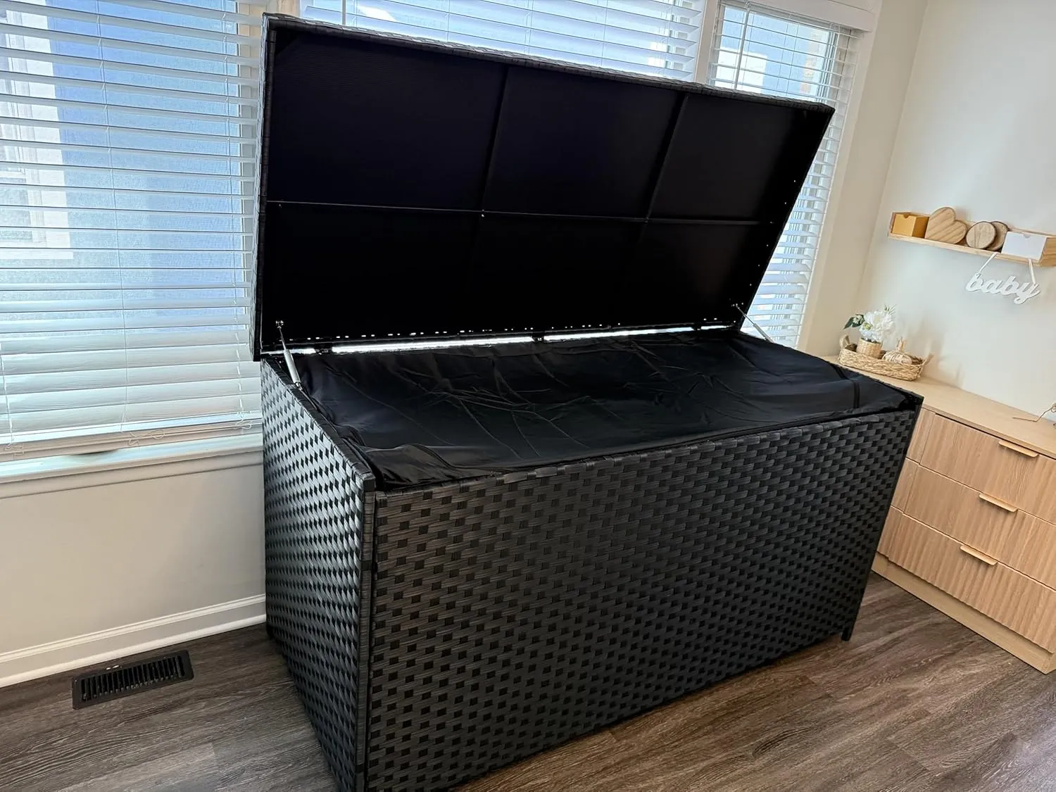DWVO 260Gal XXL Outdoor Storage Box | All-Weather PE Wicker Deck Box with Waterproof Inner Bag & Elevated Feets | Patio, Pool, Garden Tools Container (Black)