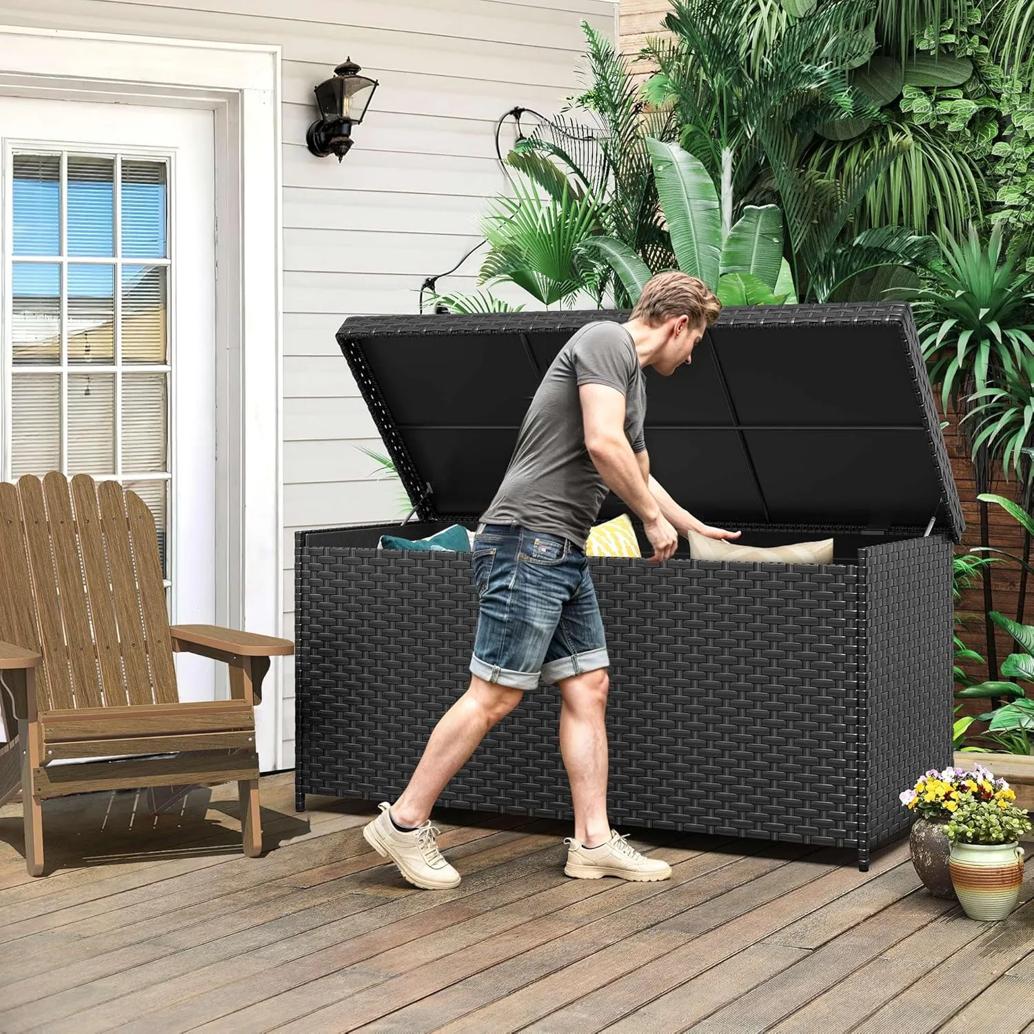 DWVO 260Gal XXL Outdoor Storage Box | All-Weather PE Wicker Deck Box with Waterproof Inner Bag & Elevated Feets | Patio, Pool, Garden Tools Container (Black)