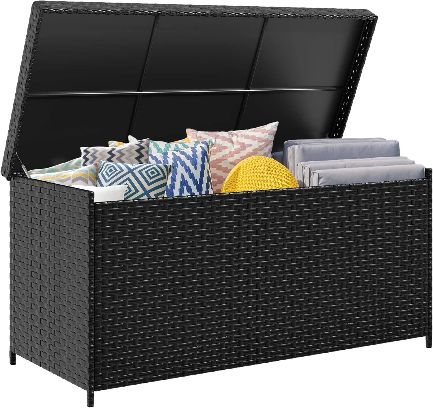 DWVO 260Gal XXL Outdoor Storage Box | All-Weather PE Wicker Deck Box with Waterproof Inner Bag & Elevated Feets | Patio, Pool, Garden Tools Container (Black)