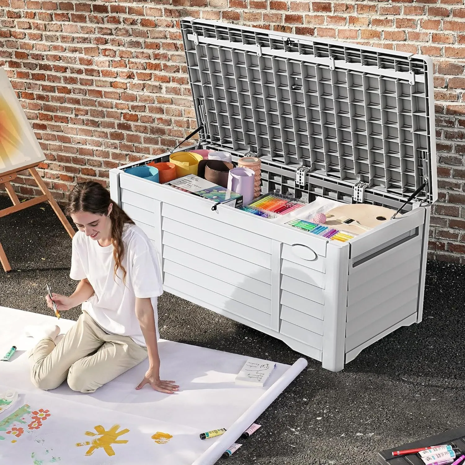 DWVO Large Deck Box 120 Gallon Waterproof Outdoor Storage Box, Extra Large Outdoor Bin, Resin Louvered Patio Storage for Indoor Pillows, Garden Tools & Pool Supplies, Lockable, White