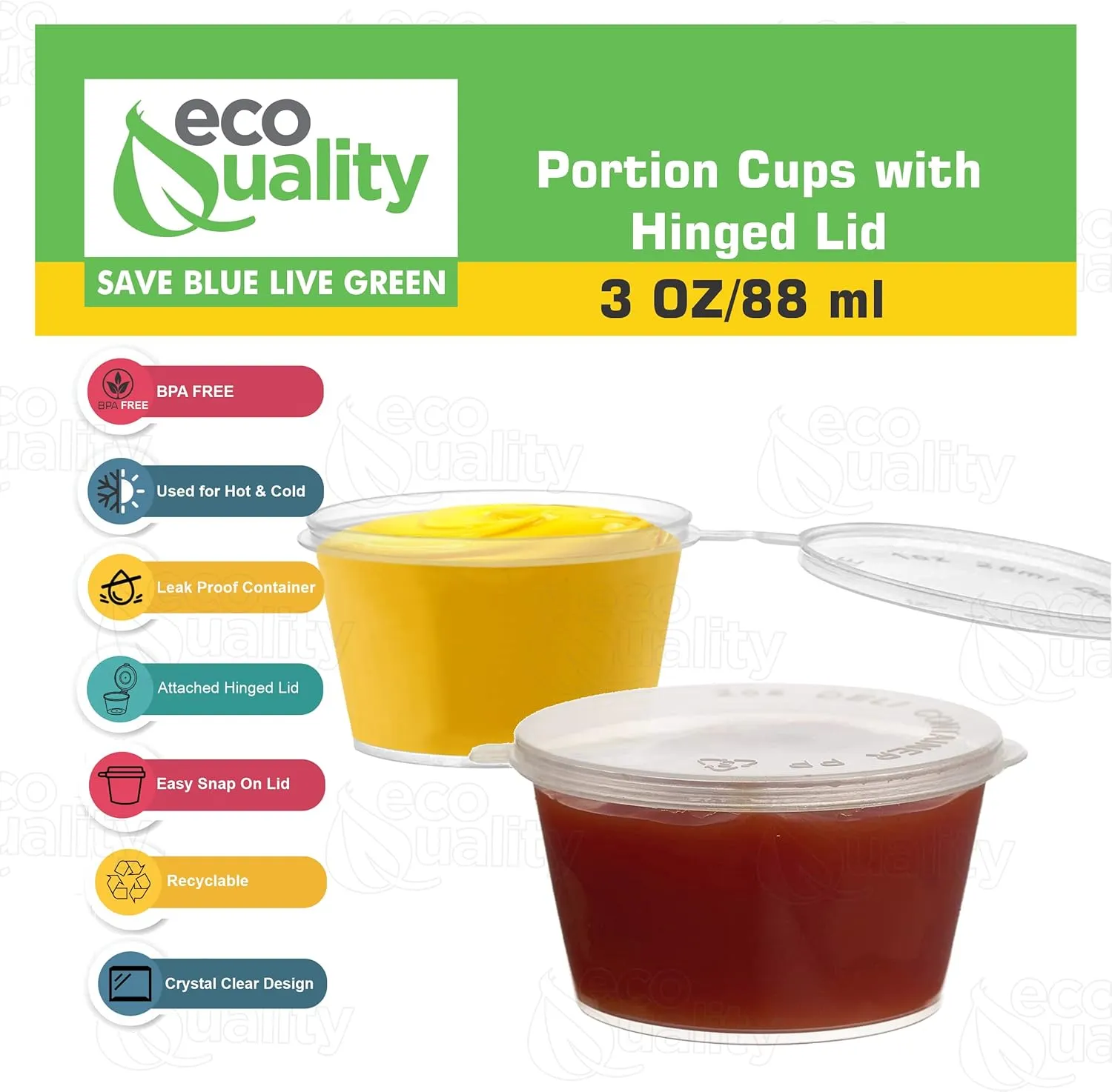 EcoQuality 3 Oz Leak Proof Plastic Condiment Souffle Containers with Attached Lids - Portion Cup with Hinged Lid Perfect For Sauces, Samples, Slime, Jello Shot, Food Storage & More! (200)