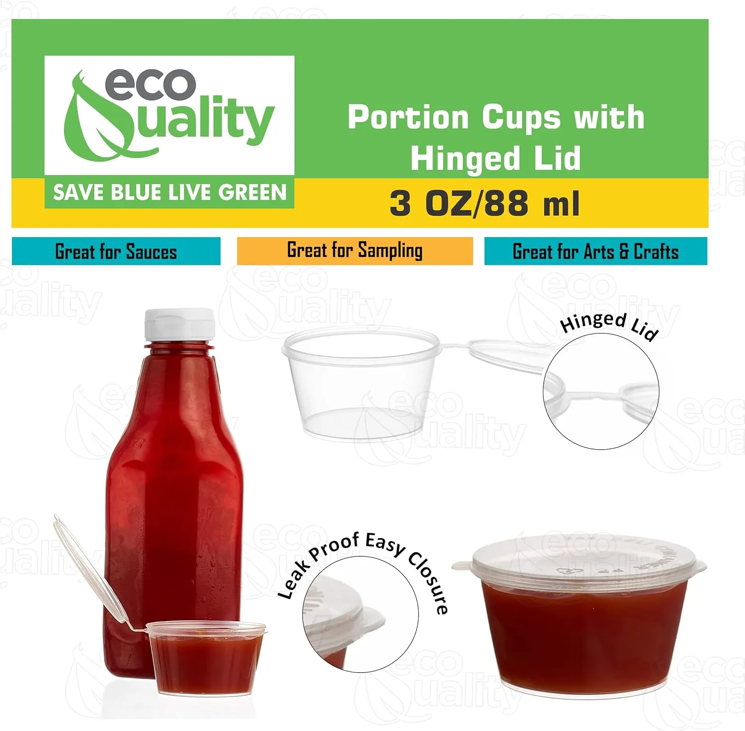 EcoQuality 3 Oz Leak Proof Plastic Condiment Souffle Containers with Attached Lids - Portion Cup with Hinged Lid Perfect For Sauces, Samples, Slime, Jello Shot, Food Storage & More! (200)