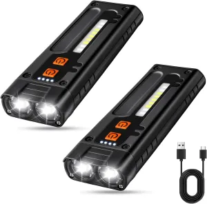 EDC Flashlight Clip-On Light, Rechargeable 1000 Lumens,6 Lighting Modes with LED Side Lights Type-C Rechargeable, Magnetic Flash Lights for Signaling, Work, Outdoor or Indoor Use (2 Pack, Black)