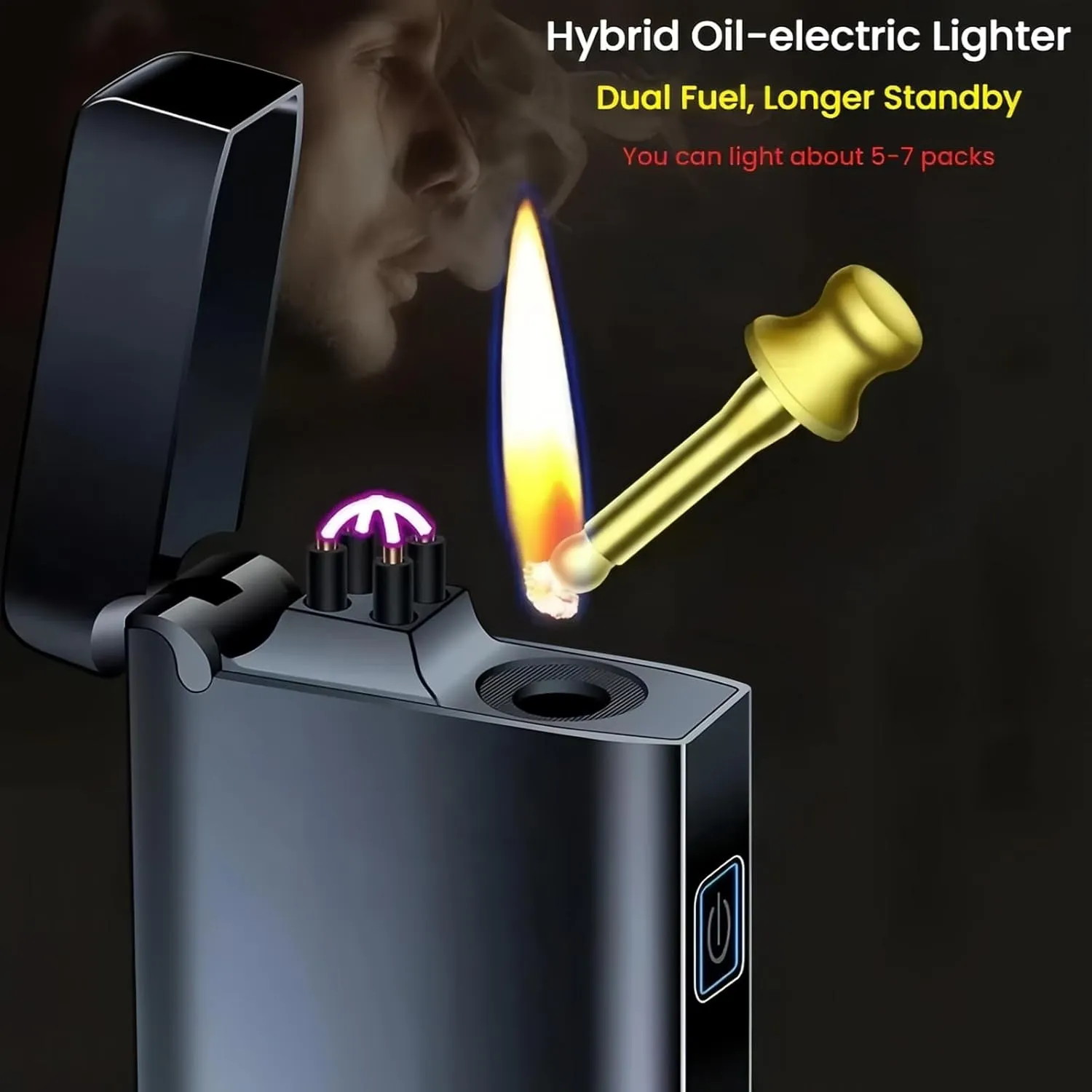 Electric Lighter, USB-C Rechargeable Dual Arc Lighter & Permanent Match 2 in 1 with Flashlight, Kerosene Soft Flame, Outdoor Survival Gear, for Men & Women (Gold)
