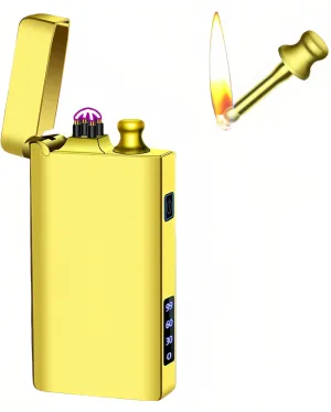 Electric Lighter, USB-C Rechargeable Dual Arc Lighter & Permanent Match 2 in 1 with Flashlight, Kerosene Soft Flame, Outdoor Survival Gear, for Men & Women (Gold)