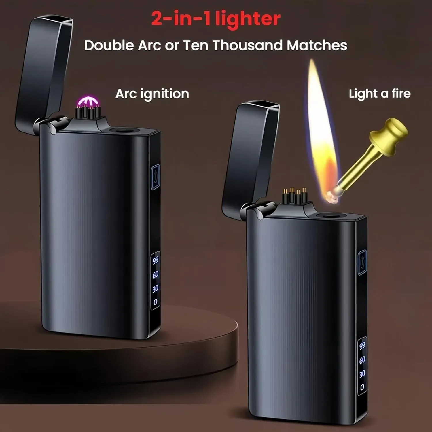 Electric Lighter, USB-C Rechargeable Dual Arc Lighter & Permanent Match 2 in 1 with Flashlight, Kerosene Soft Flame, Outdoor Survival Gear, for Men & Women (Gold)