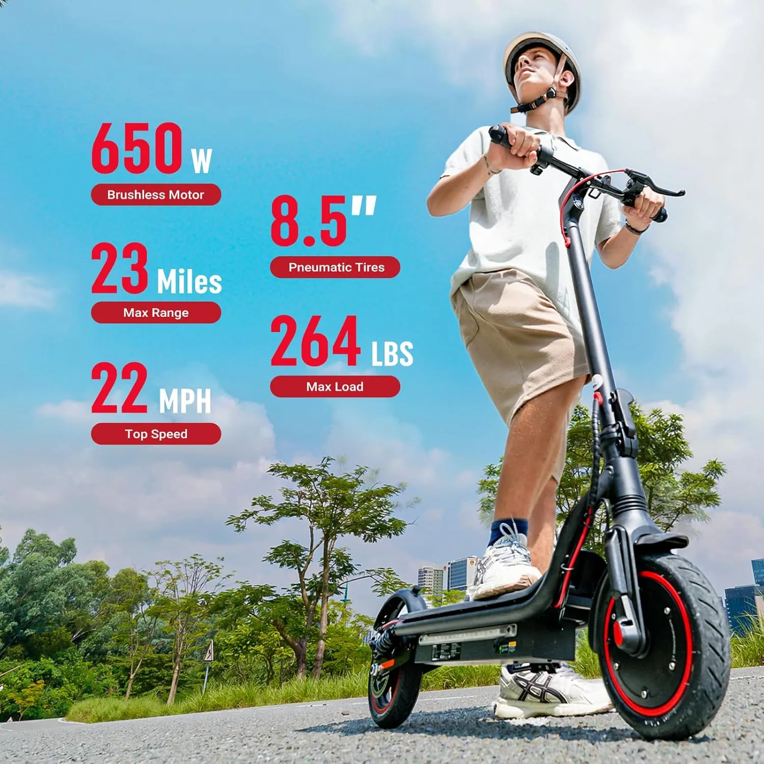 Electric Scooter, 23/18 Miles Long Range, 22 MPH Top Speed, 650W/500W/350W Motor, 10"/8.5" Solid Tires, Foldable Commuting Electric Scooter for Adults and Teens, Dual Braking Systems and APP Control