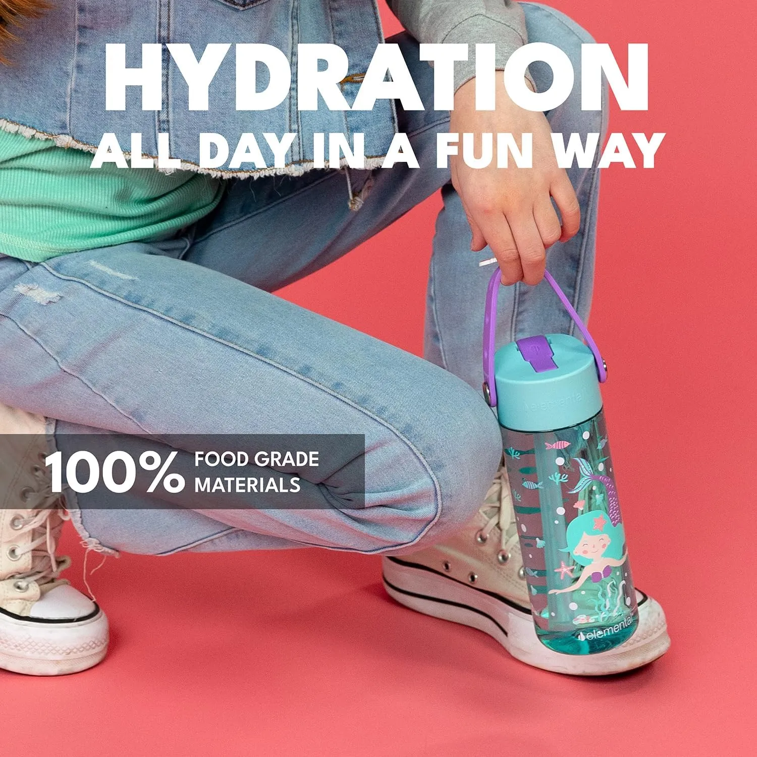 Elemental Water Bottles for Kids - Splash Kids Water Bottle for School with Fun Charm Handle - BPA Free Tritan Plastic Bottle with Straw Leak Proof When Spout is Closed - 18oz - Jungle Friend