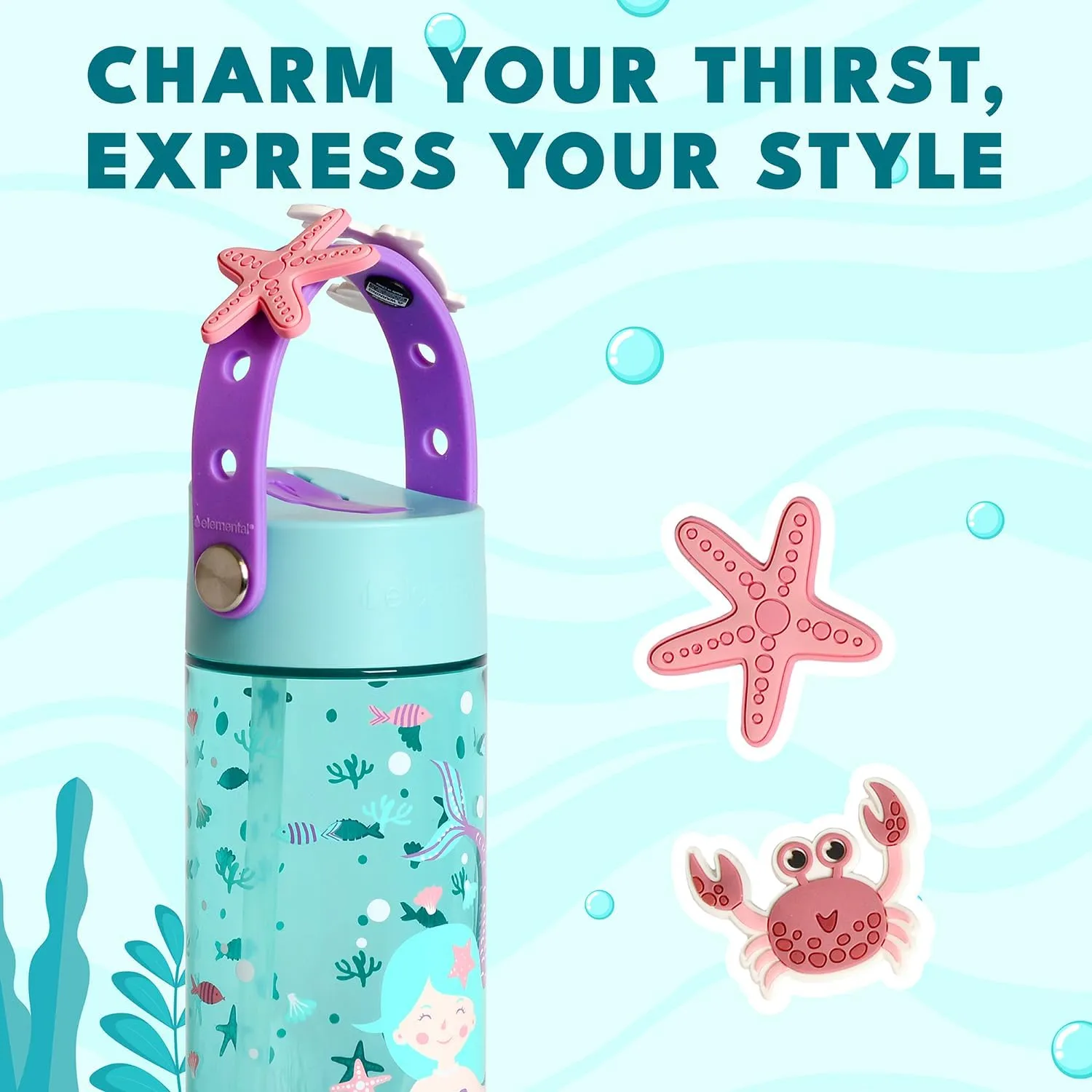 Elemental Water Bottles for Kids - Splash Kids Water Bottle for School with Fun Charm Handle - BPA Free Tritan Plastic Bottle with Straw Leak Proof When Spout is Closed - 18oz - Jungle Friend